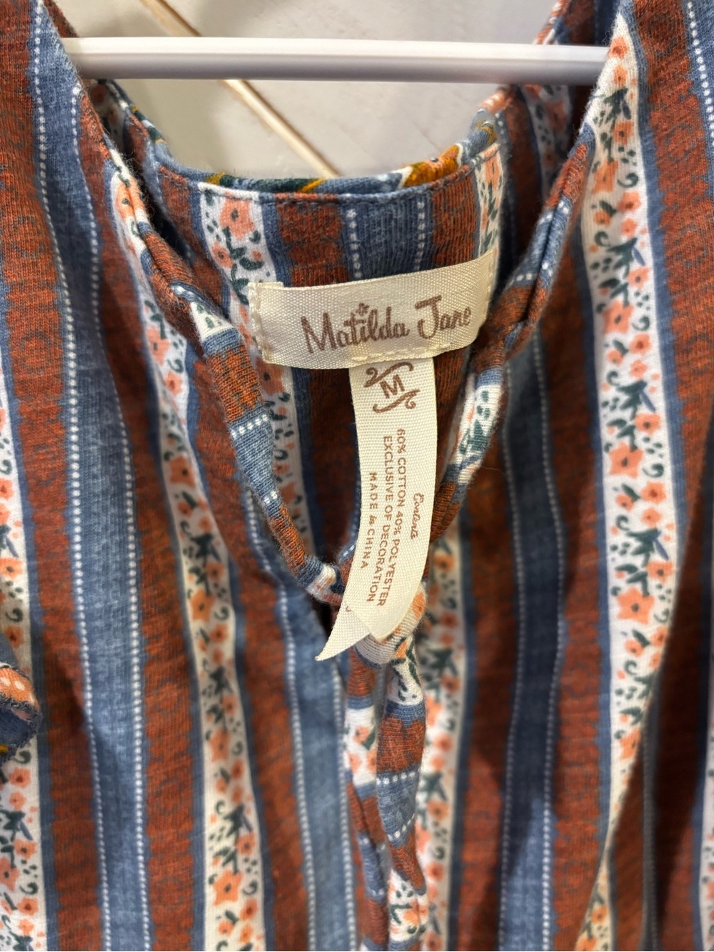 Matilda Jane Striped Floral Tie-Neck Dress in Blue & Rust - Picture 3 of 5